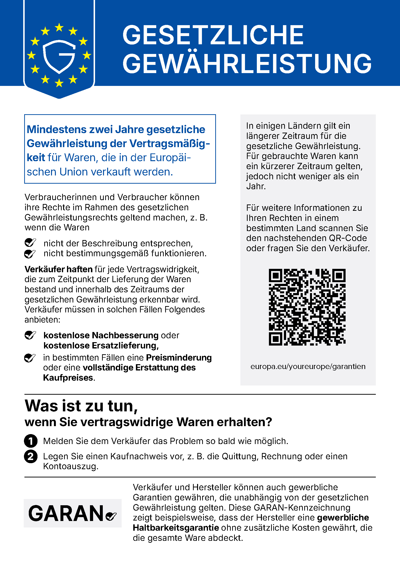 Gesetzliche Gewährleistung – einheitlicher Hinweis der Europäischen Union
