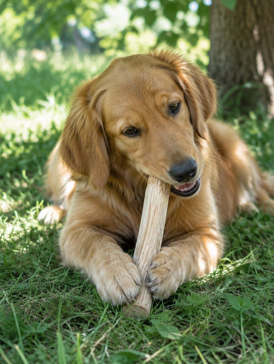 Golden Retriever liegt im Schatten unter einem Baum und kaut auf einem hellen unbehandelten Holzstück