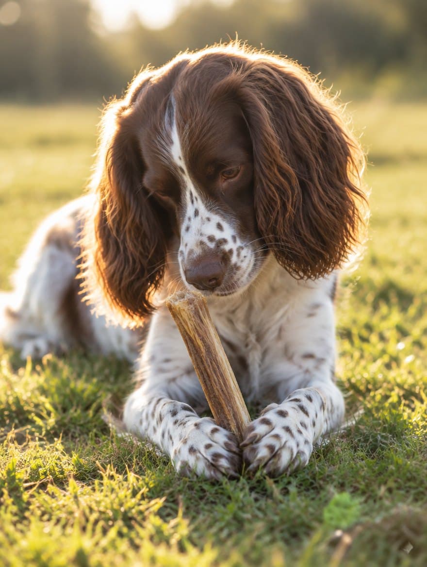 Spaniel haelt eine Kaustange zwischen den Pfoten Braun-weißer Spaniel liegt auf einer Wiese und hält eine längliche getrocknete Kaustange zwischen den Vorderpfoten