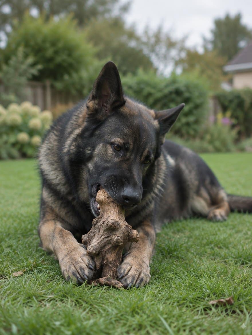 Großer Schäferhund liegt auf einer Rasenfläche im Garten und nagt an einem knorrigen Wurzelstück