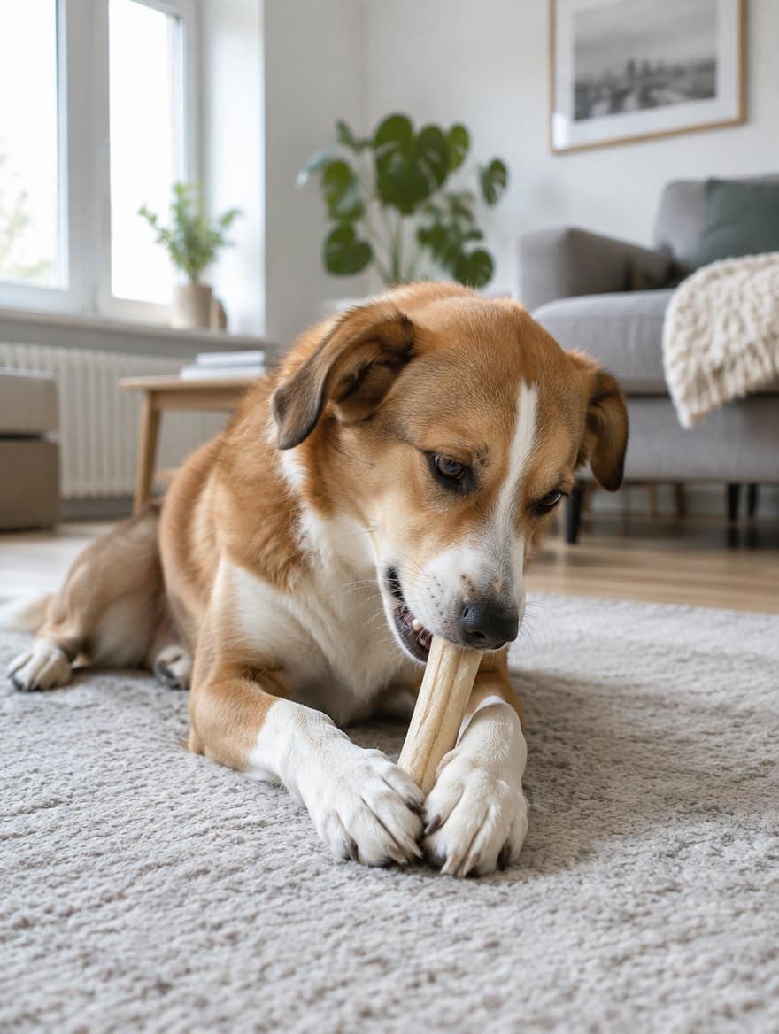 Hund kaut auf einem Kauartikel im Wohnzimmer Mittelgroßer brauner Mischlingshund liegt auf einem hellen Teppich und kaut auf einem länglichen Kauartikel